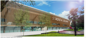 rendering del progetto presentato da Giano srl per l'esterno della struttura sportiva